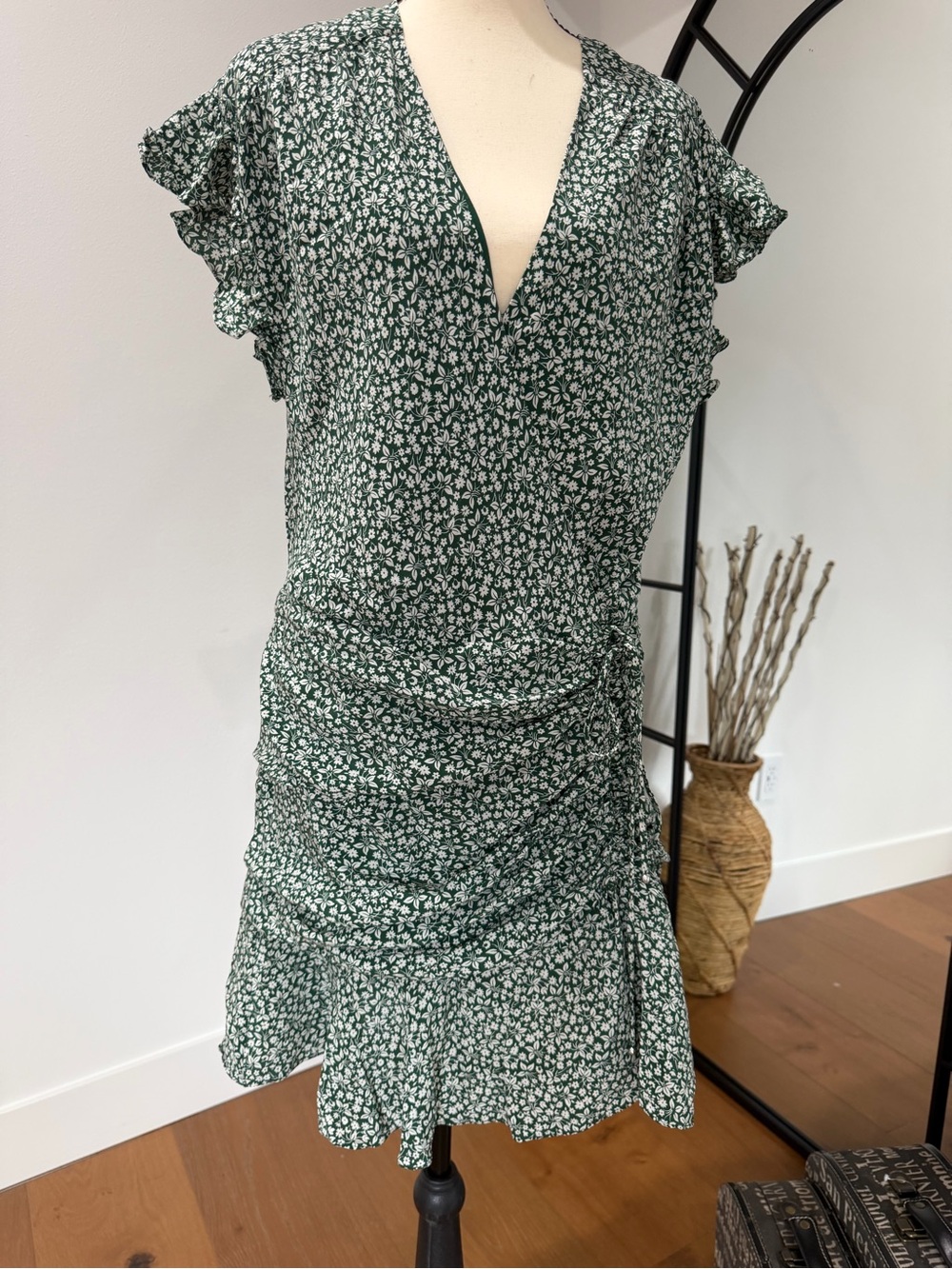 Veronica Beard Green Floral V-Neck Ruffle Mini Dress
